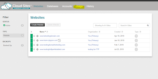 usage tab in cloud sites