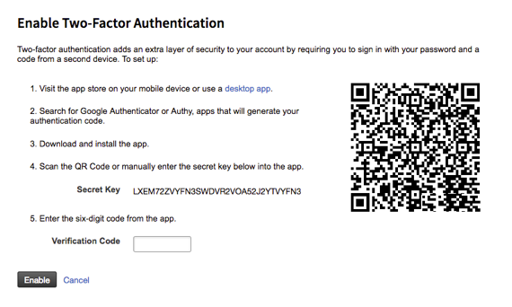 two factor setup page