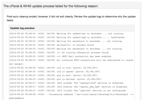 failure message in WHM