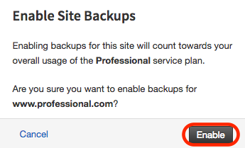 Enable site backup dialog