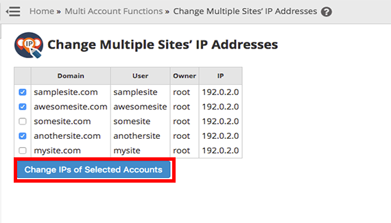 change ips of selected accounts button highlighted
