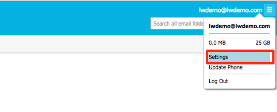 settings highlighted in dropdown menu