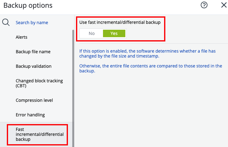 fast incremental backup selection screen