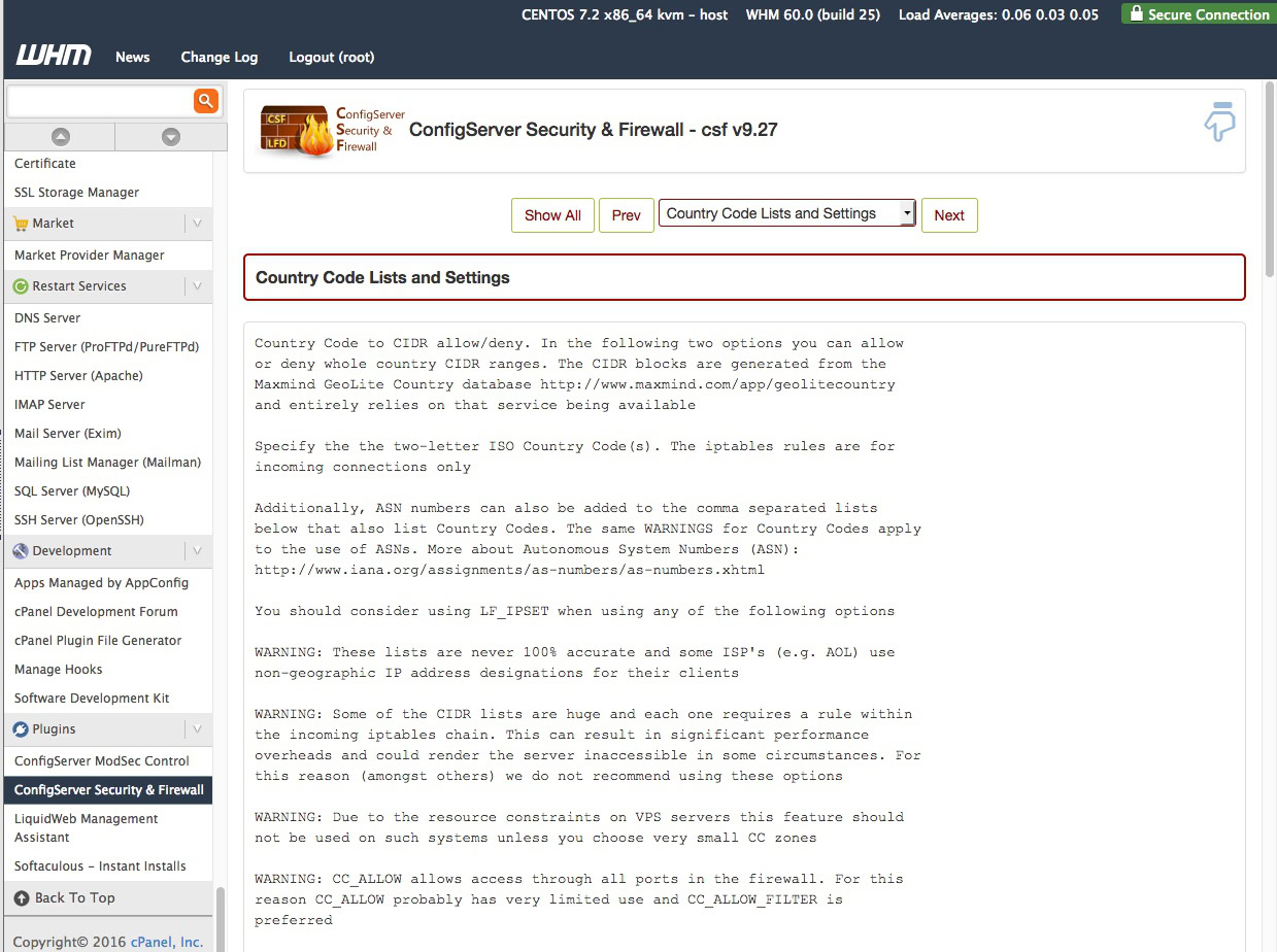 country code lists and settings page
