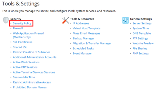 security policy link highlighted