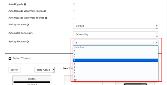 Backup rotation options drop down
