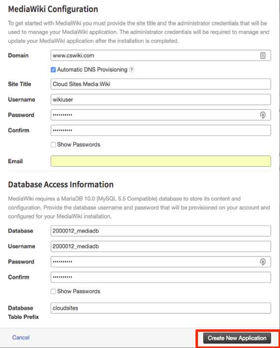 Create New Application button highlighted