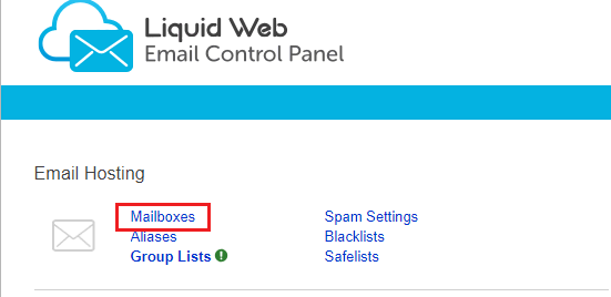 mailboxes link highlighted in email control panel