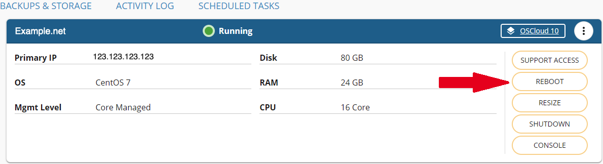 reboot button highlighted