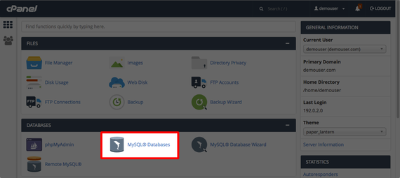 mysql databases link highlighted