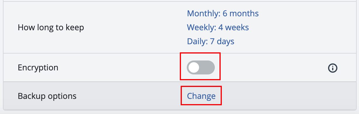 encryption and application backup option screen