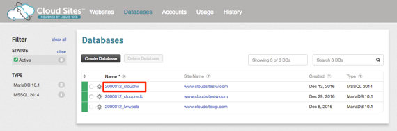 databases link highlighted in menu