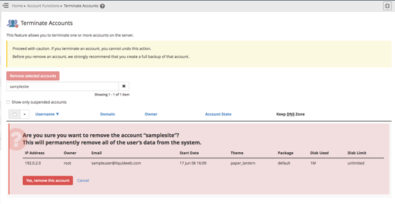 terminate account home page