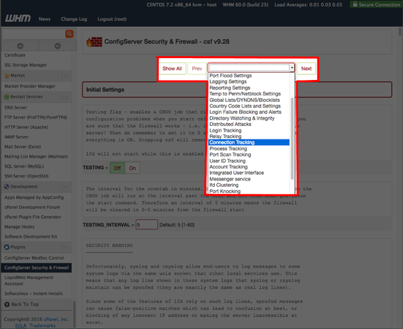 connection tracking in dropdown on firewall configuration page