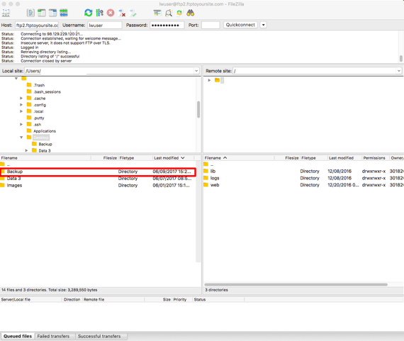 backup directory created and highlighted in ftp client