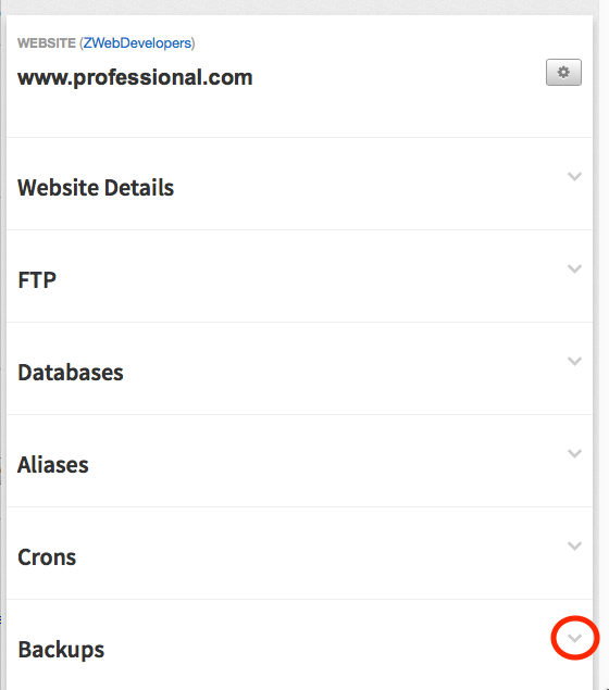 down arrow highlighted in backups section