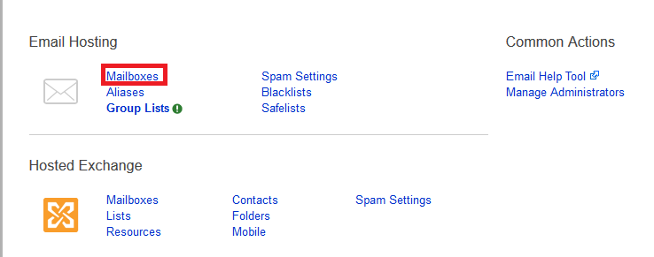 mailboxes link highlighted in email control panel