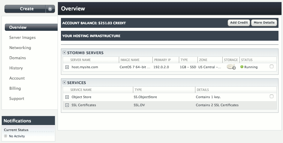 domains menu in your account
