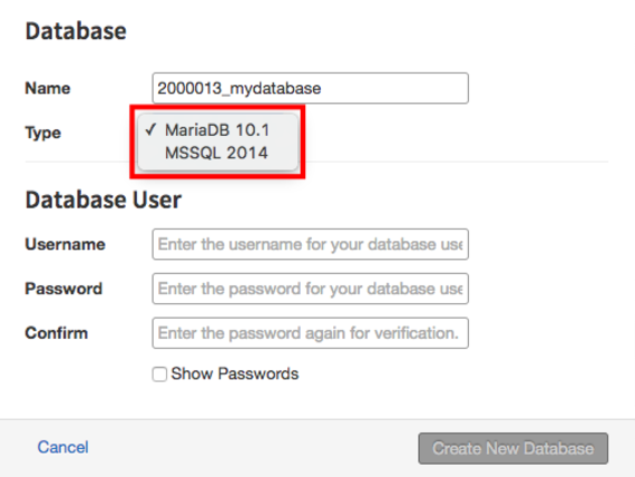 type of database dropdown menu