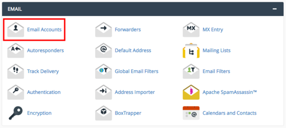 email accounts link highlighted