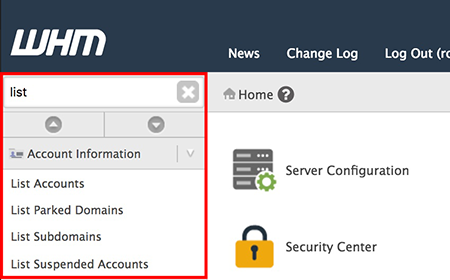 list account menu highlighted
