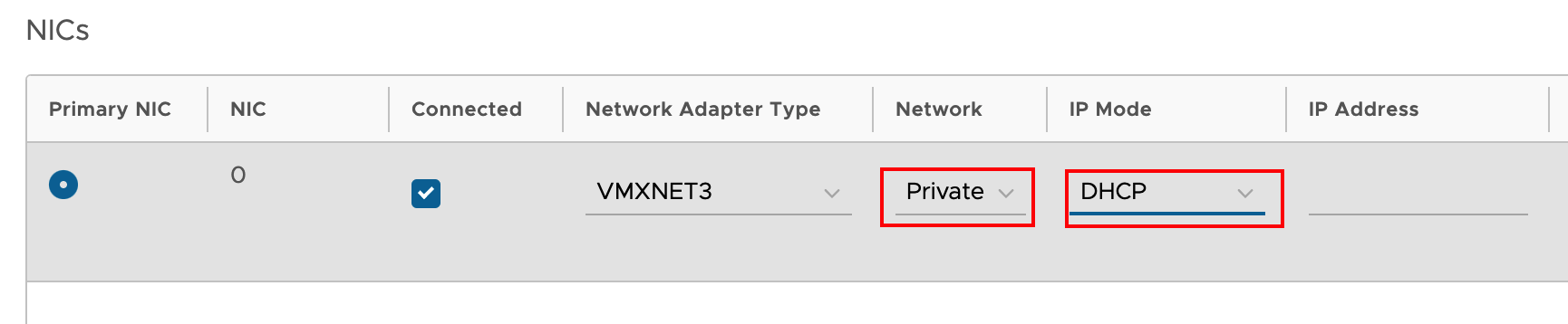 select dhcp ip mode example