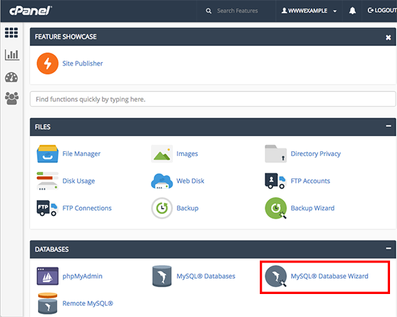 mysql database wizard link highlighted