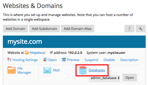 databases section highlighted