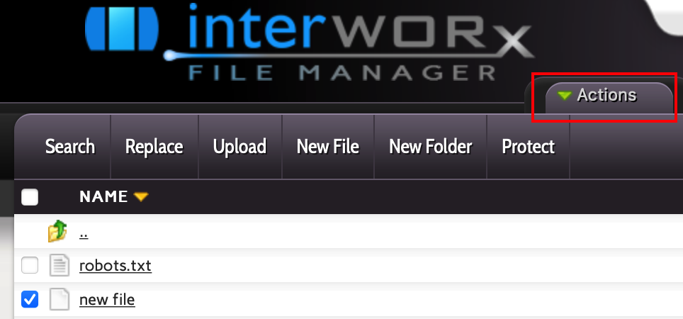 actions link highlighted