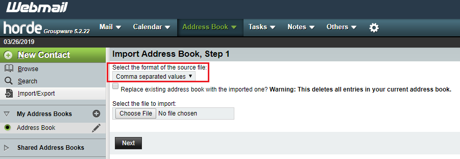 import file type dropdown