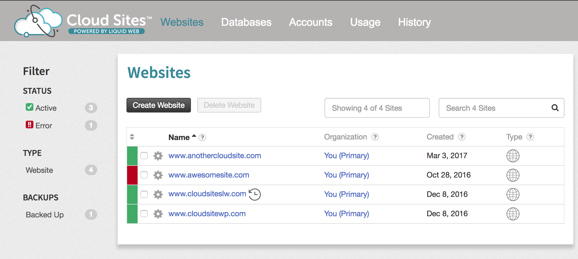 cloud sites control panel home