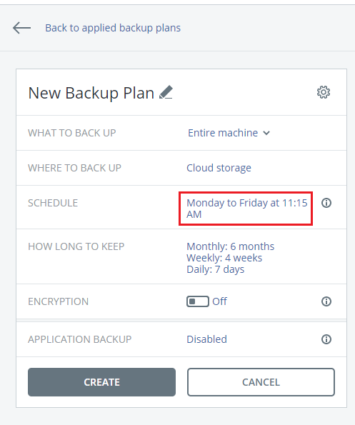 backup schedule detail screen