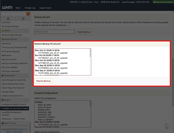 restore backup section highlighted
