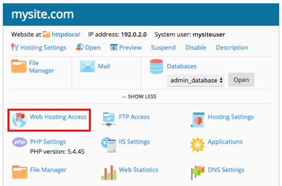 web hosting access link highlighted