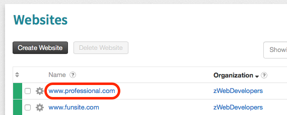 List of websites in the control panel