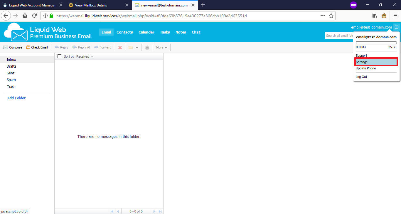 webmail settings highlighted