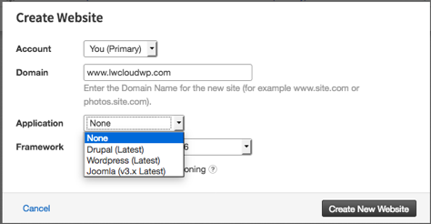 domain name entered and application drop down