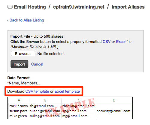download alias csv template highlighted