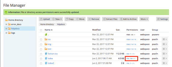 change in permissions showing on file manager home
