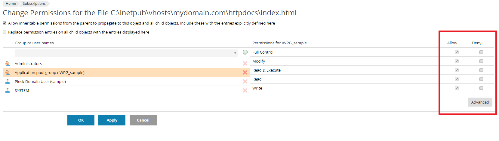 file permissions selection