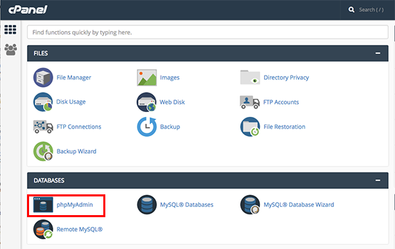 phpmyadmin link highlighted