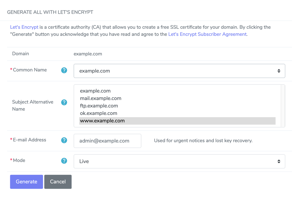 screenshot of the lets encrypt setup screen