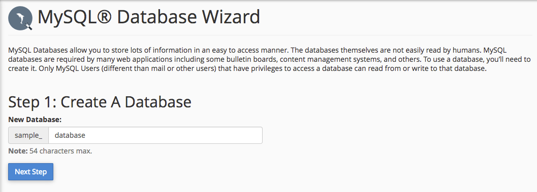 database wizard home database name input