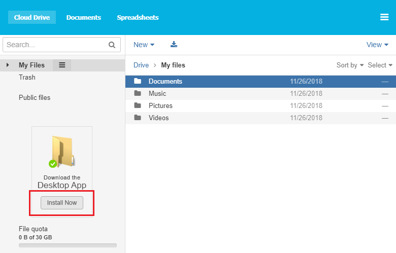 install button for cloud drive highlighted