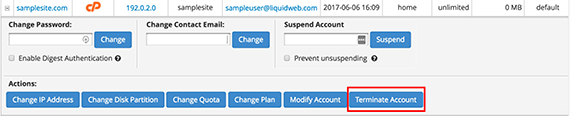 terminate account button highlighted