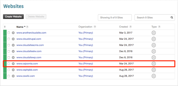 joomla site highlighted in website list