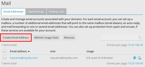 create email address button highlighted