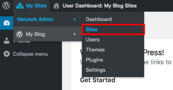 sites link highlighted in menu
