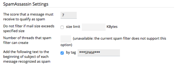 spam assassin settings page