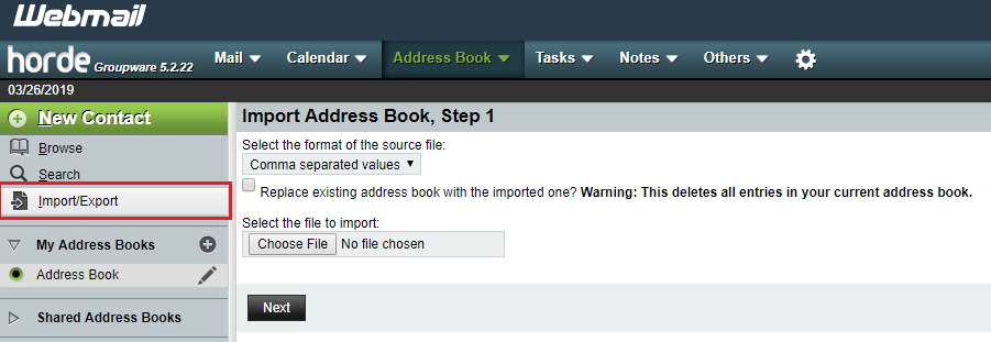 import/export button highlighted